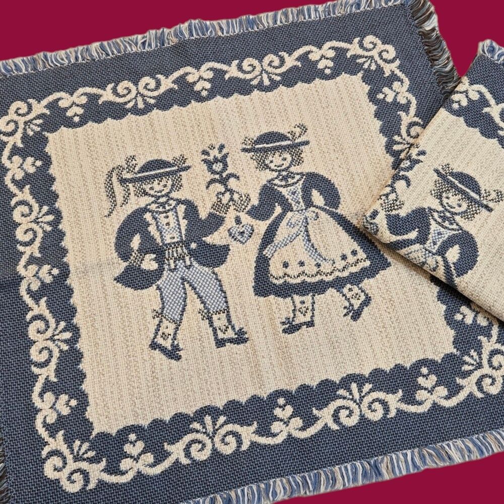 Two Vintage Austrian European 13x13 inch Placemats Woven Folk Art Blue Table Mat